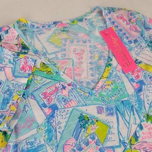 Lilly Pulitzer Etta V-Neck T-Shirt Top Wish You Were Here S Cotton Tropical NEW